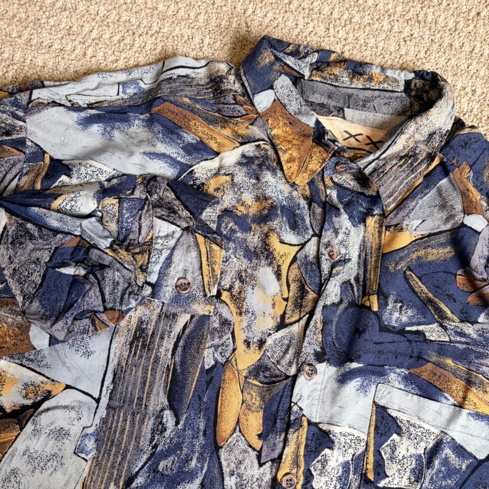 Maxx FM Vintage Mens Blue Abstract Geometric Print Button Down Shirt L
